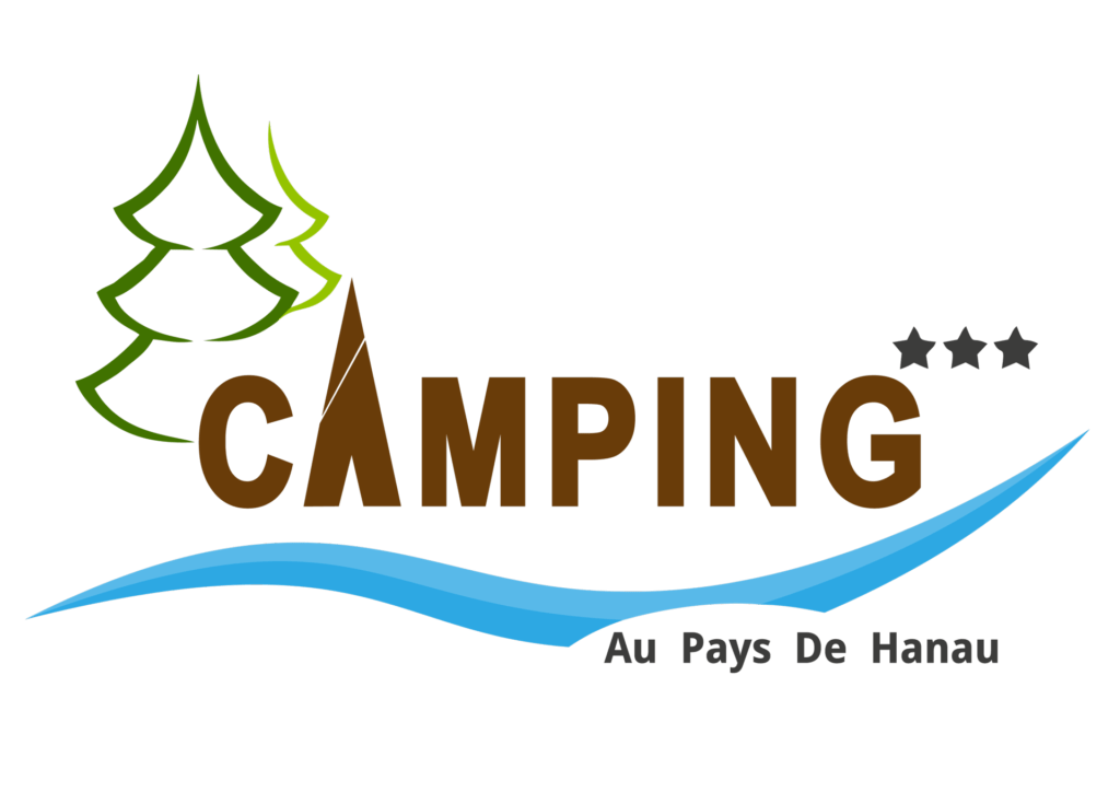 le mot "camping"avec un dessin de sapin et rivière